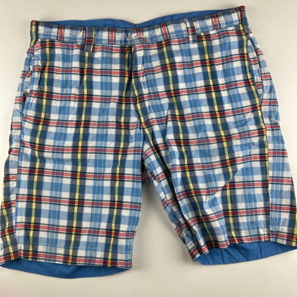 Authentic Indian Madras Reversible Plaid Shorts Mens 36 Blue Cotton